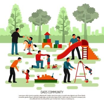 Fathers children rearing community activities flat composition poster with dads playing with little kids outdoor vector illustration . Children Dad  Community Composition 