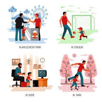 Parenting child raising concept 4 flat compositions with playing football computer games outdoor activities with dad vector illustration . Dad Child Flat Concept Design 