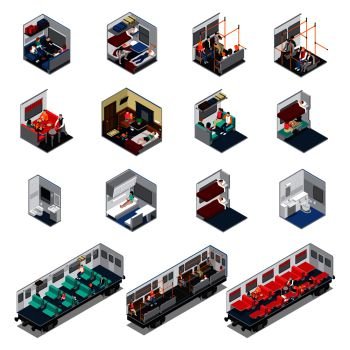 Train interior isometric set of various wagon coupe electric train carriage with seat places biotoilet dinning car vector illustration . Train Interior Isometric Set