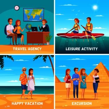 Travel agency 2x2 design concept with young people resting in exotic summer countries cartoon vector illustration. Travel agency 2x2 design concept