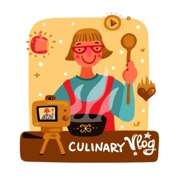 Video blogger background with culinary vlog symbols flat vector illustration. Video Blogger Illustration