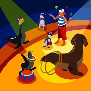 Sea circus isometric composition with juggling clown and animals performing spectacle on arena vector illustration . Sea Circus Isometric Composition