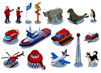 Arctic research isometric icons, scientists, polar station, northern animals, vehicles, ice drilling isolated vector illustration    . Arctic Research Isometric Icons