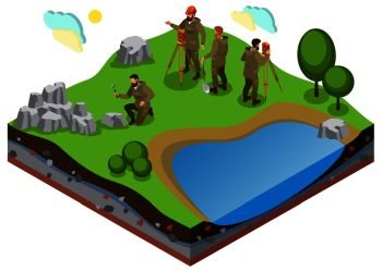 Earth exploration isometric composition with prospecting work on terrain with pond and rock formations vector illustration. Earth Exploration Isometric Composition