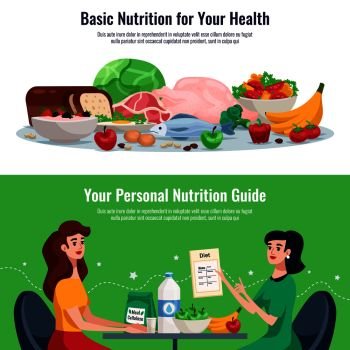 Diet horizontal banners with basic nutrition for good health and personal nutrition guide cartoon vector illustration . Diet Horizontal Banners