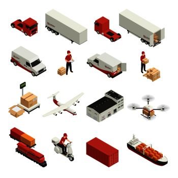 Cargo transportation isometric icons logistic delivery by various vehicles and drone technology isolated vector illustration. Cargo Transportation Isometric Icons