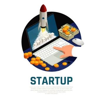 Entrepreneur with money during start up project on laptop isometric round composition vector illustration. Entrepreneur Start Up Isometric Composition