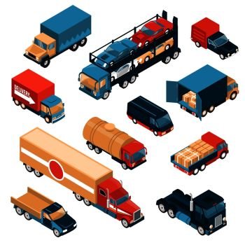 Isometric delivery trucks set of isolated images with motor lorry cars and vehicles for different freights vector illustration. Delivery Trucks Isometric Set