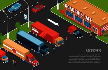 Delivery trucks stopover on parking zone near roadside cafe 3d isometric vector illustration. Isometric Delivery Illustration