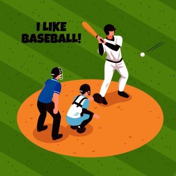 Players and referee during baseball match on game field background isometric vector illustration  . Baseball Isometric Illustration