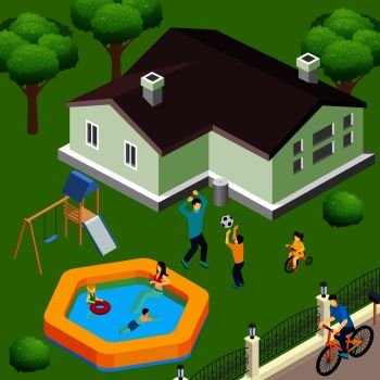 Family house exterior isometric view with backyard trees swimming pool playground and children playing ball vector illustration . Family House Isometric 