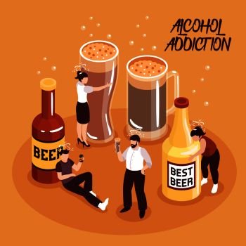 Alcohol abuse isometric composition human characters with beer in bottles and glasses on sand background vector illustration. Alcohol Abuse Isometric Illustration