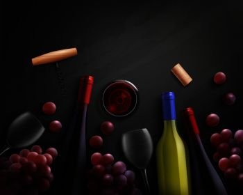 Wine realistic composition with red and white wine and grapes vector illustration. Wine Realistic Composition