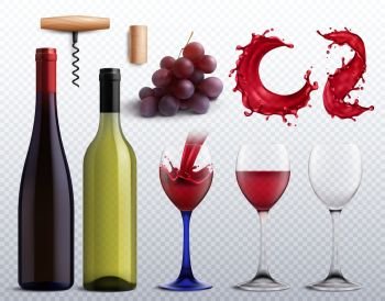 Wine realistic transparent set with grapes and glass isolated vector illustration. Wine Transparent Set