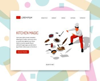 Professional cook offers food preparation training culinary art cuisine aspects concept isometric web page design vector illustration . Cook Chef Isometric Design 