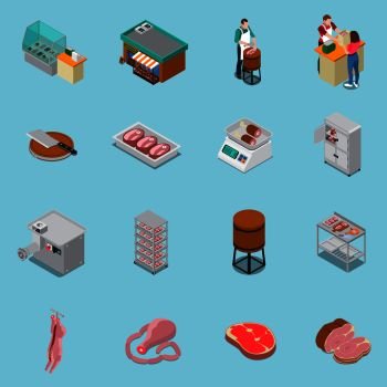 Butchery sausage shop isometric icons collection of sixteen isolated icons with human characters and production facilities vector illustration. Isometric Butchery Icons Collection