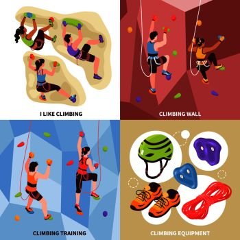 Isometric climbing wall design concept with four compositions of cragsmen on rock climbing walls with equipment vector illustration. Climbing Gym Design Concept