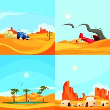 Desert design concept with deserted region landscapes with rally cars oasis fallen aircraft and dwelling houses  vector illustration