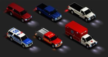 Transport realistic isometric set of police automobile emergency vehicle van car truck with lights on vector illustration