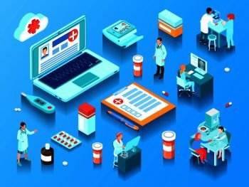 Online medicine elements doctors with computers and laboratory equipment pills and electronic devices  horizontal isometric vector illustration. Online Medicine Horizontal Isometric Illustration