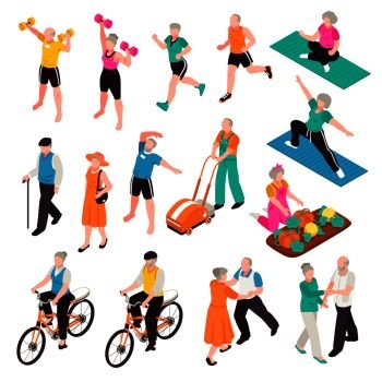 Active senior people set with sports and recreation symbols iaometric isolated vector illustration