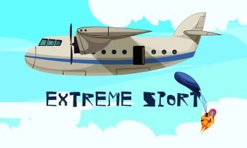Extreme skydiving sport jump from airplane flat advertising poster with departing plane free fall stage vector illustration