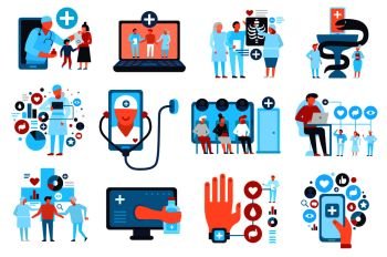Online medicine healthcare service flat compositions set with remote doctor consultation pharmacy electronic tests gadgets vector illustration