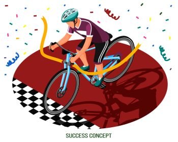 Success concept isometric composition with human character of bike rider crossing finish line with editable text vector illustration. Winner Rider Success Concept 