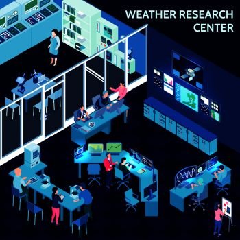 Colored isometric meteorological weather center composition with office in open space style vector illustration