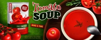 Realistic tomato soup advertising poster with branded packaging and wooden board with plate filled with soup vector illustration
