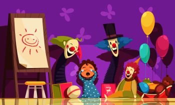 Kids fears background with clowns and parties symbols vector illustration