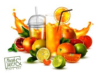 Realistic poster with citrus fruits and glasses of cold fresh juice on white background vector illustration