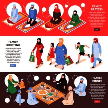 Arab family horizontal banners set with shoping and office symbols isometric isolated vector llustration