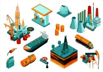 Isolated and isometric oil industry icon set with different elements and equipment describing the industry vector illustration
