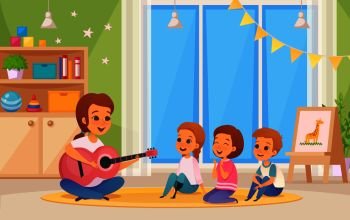 Colored and cartoon inclusion inclusive education composition with teacher who plays guitar vector illustration