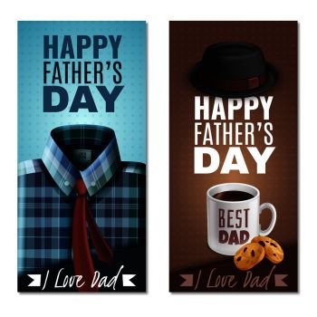 Happy fathers day celebration 2 realistic vertical banners with best dad coffee mug cookies hat vector illustration