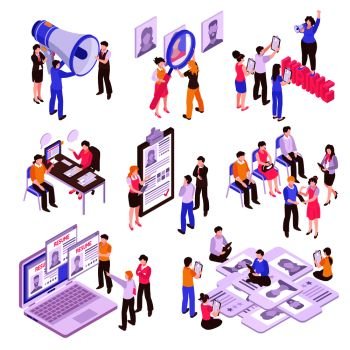 Isometric set with people searching for job isolated on white background 3d vector illustration