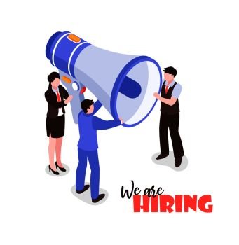 Isometric job search recruitment composition on white background with text and group of people holding megaphone vector illustration