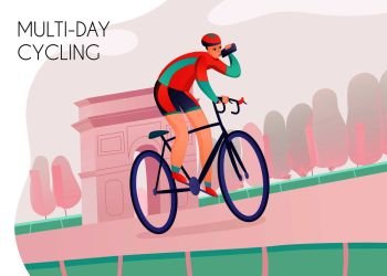 Sportsman with water bottle in bright athletic clothing during multi day cycling on arch background vector illustration
