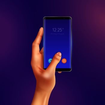 Realistic smart phone with communication icons on screen in hand on purple background vector illustration