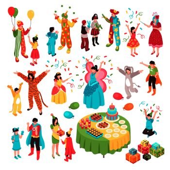 Isometric kids animator holiday party set with isolated human characters adult entertainers in costumes and children vector illustration
