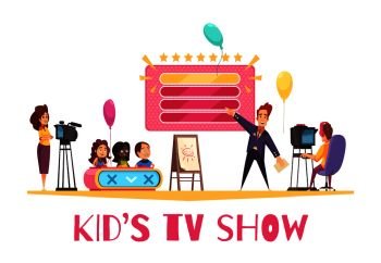 Television games competitions show for children cartoon composition with kids presentator operator in tv studio vector illustration