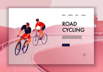 Bicyclists in helmets during road cycling tour concept of web banner vector illustration