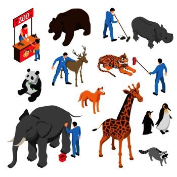 Isometric set of various animals and workers of zoo during professional activity isolated vector illustration