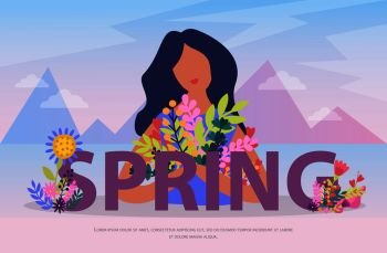 Flat spring composition with girl holding bunch of flowers on background with mountains vector illustration