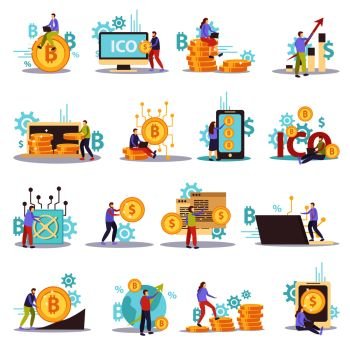 Blockchain cryptocurrency business flat icons set isolated on white background vector illustration