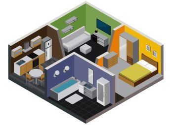 Two rooms apartment design concept with kitchen bathroom bedroom and living room isometric vector illustration. Two Rooms Apartment Design Concept