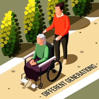 Different generations isometric background with  elderly disabled woman sitting in wheelchair and young nursing person vector illustration