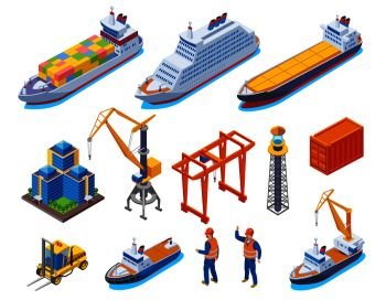 Seaport colored isometric icon set with isolated boats cranes ships and workers vector illustration. Seaport Isometric Icon Set