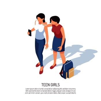 Isometric teenager background composition with human characters of two teenage girls with smartphone backpack and text vector illustration
